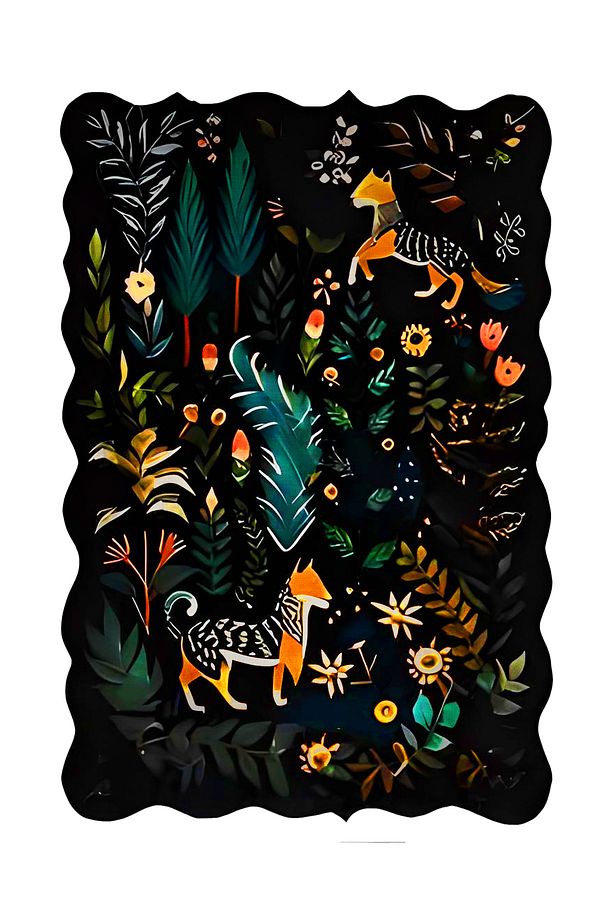 Shape Koleksiyonu Siyah Tema Floral Çiçekler ve Kaplan Desenli Kreatif Modern Dekoratif Halı 04 - 3