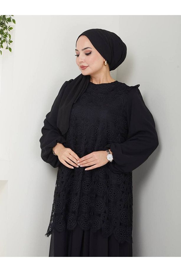 10 NUMARA MODA Kadın Tesettür Siyah Uzun Elbise Dantel Detaylı Astarlı Şifon Büyük Beden 10NMR462 - 6