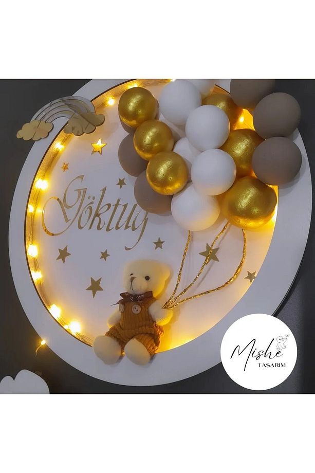 Tasarım Ahşap Yenidoğan Led Işıklı Ayıcıklı Bubble Kapı Süsü Yuvarlak - 5