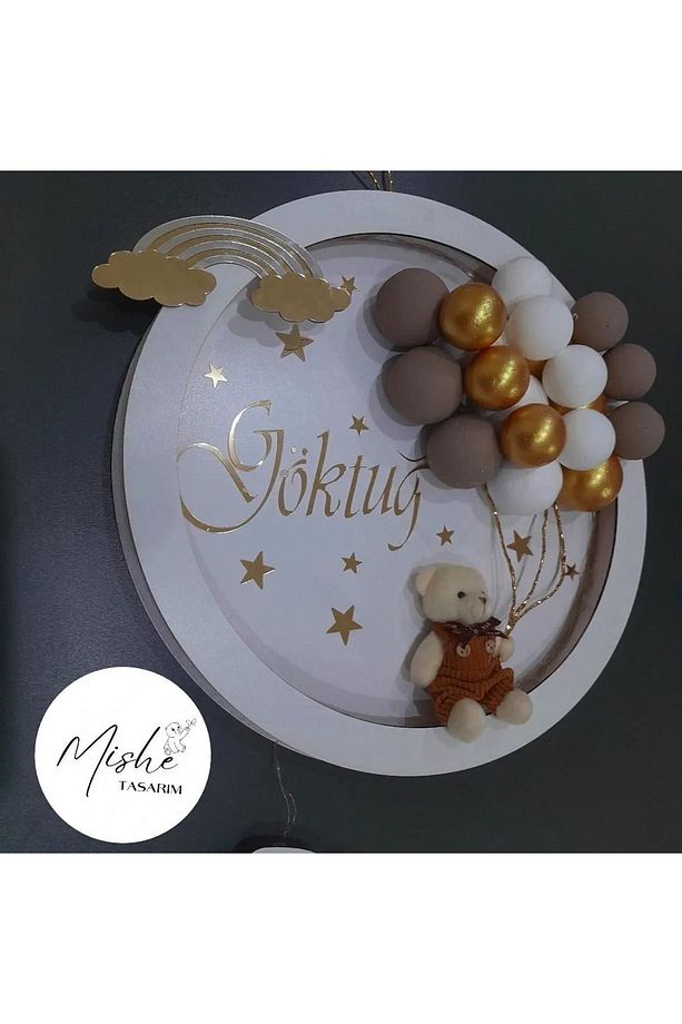 Tasarım Ahşap Yenidoğan Led Işıklı Ayıcıklı Bubble Kapı Süsü Yuvarlak - 7