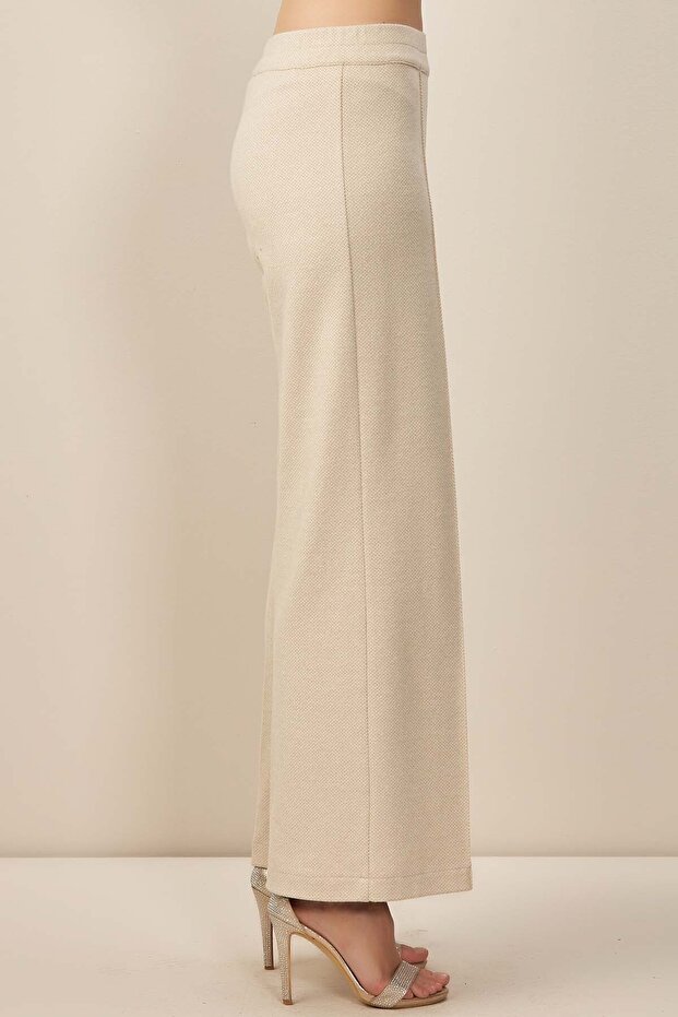 Geniş Paça Bej Örme Pantolon - 6