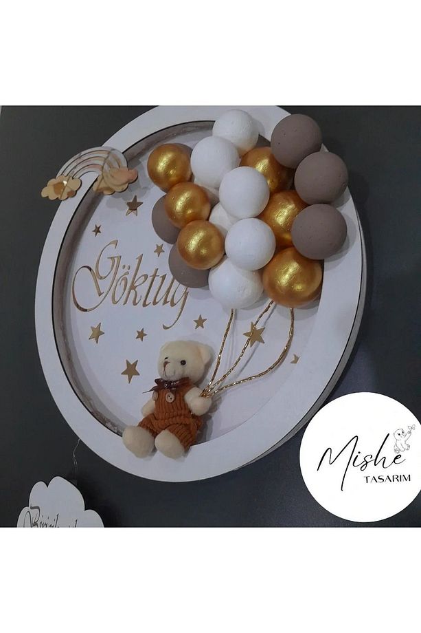 Tasarım Ahşap Yenidoğan Led Işıklı Ayıcıklı Bubble Kapı Süsü Yuvarlak - 8