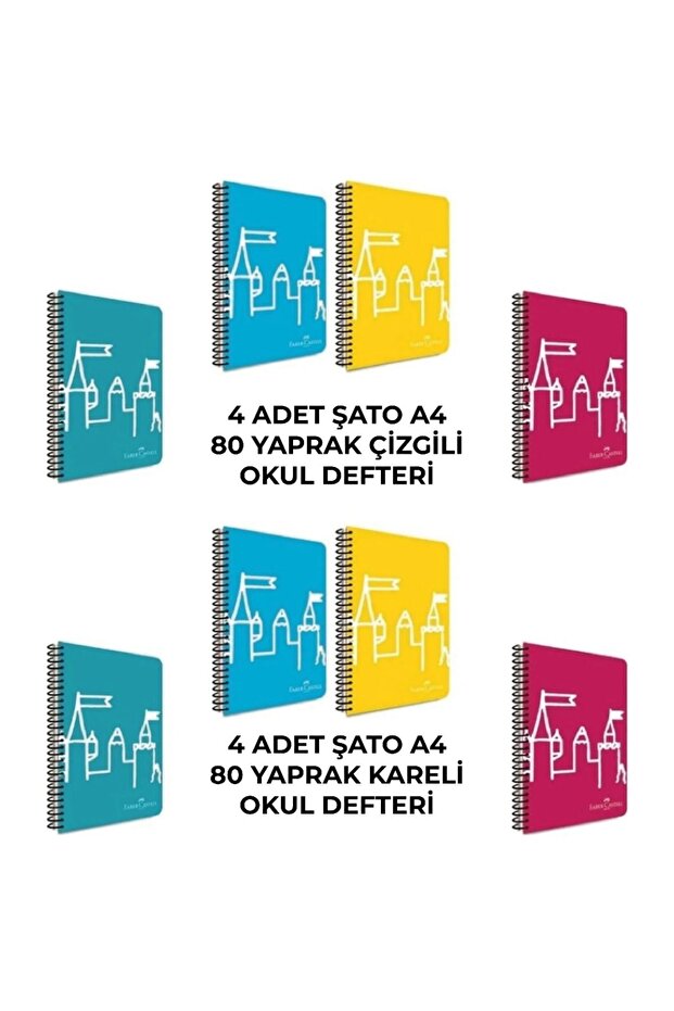Spiral Plastic Cover Şato 80 Sheets 8-Piece Notebook Set (4 Pieces Lined-4 Pieces Checked)