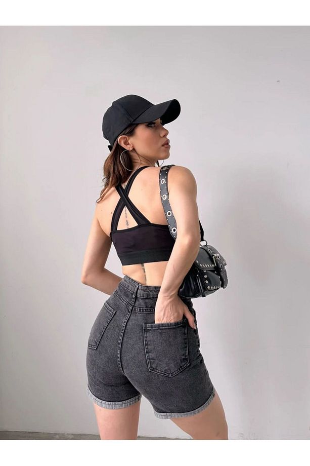 Duble Paça Yıkamalı Denim Şort - 4