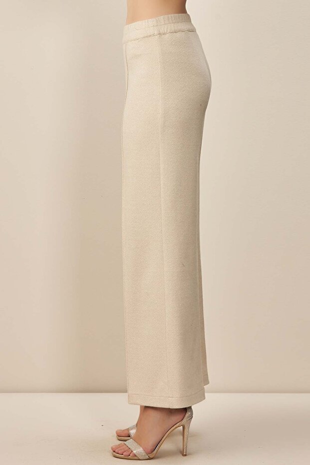 Geniş Paça Bej Örme Pantolon - 5
