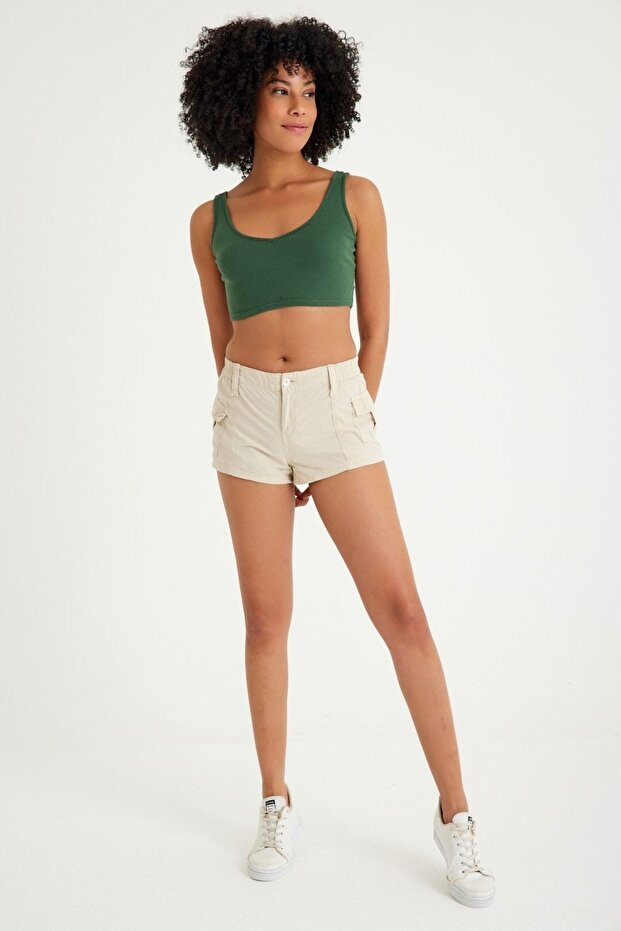 Kemerli Kargo Cep Kadın Mini Şort - 2