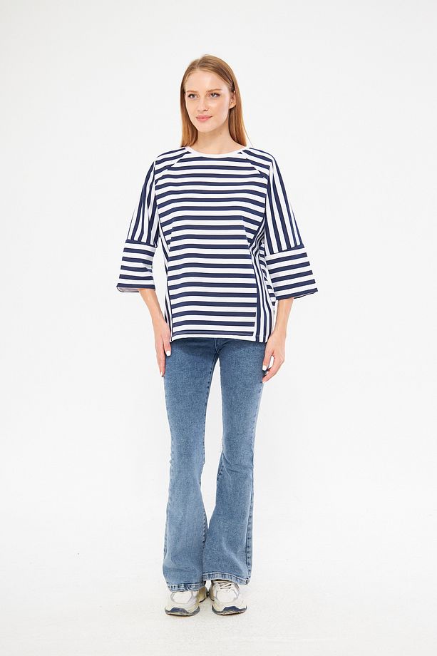 Kadın 3/4 Reglan Kol Çizgili Oversize Sweatshirt - 3