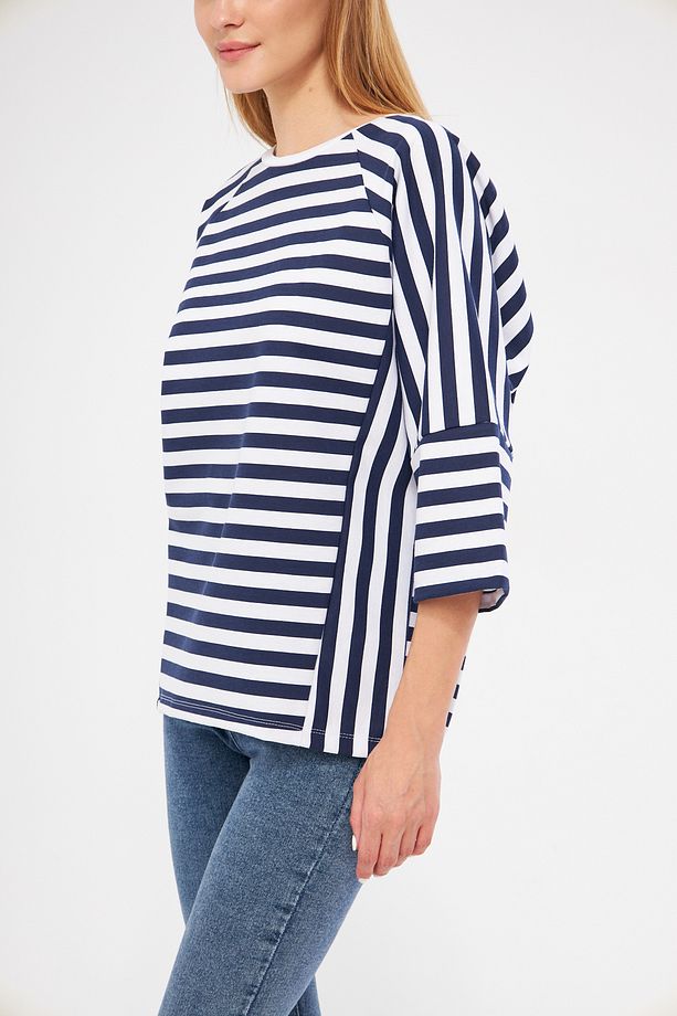 Kadın 3/4 Reglan Kol Çizgili Oversize Sweatshirt - 5