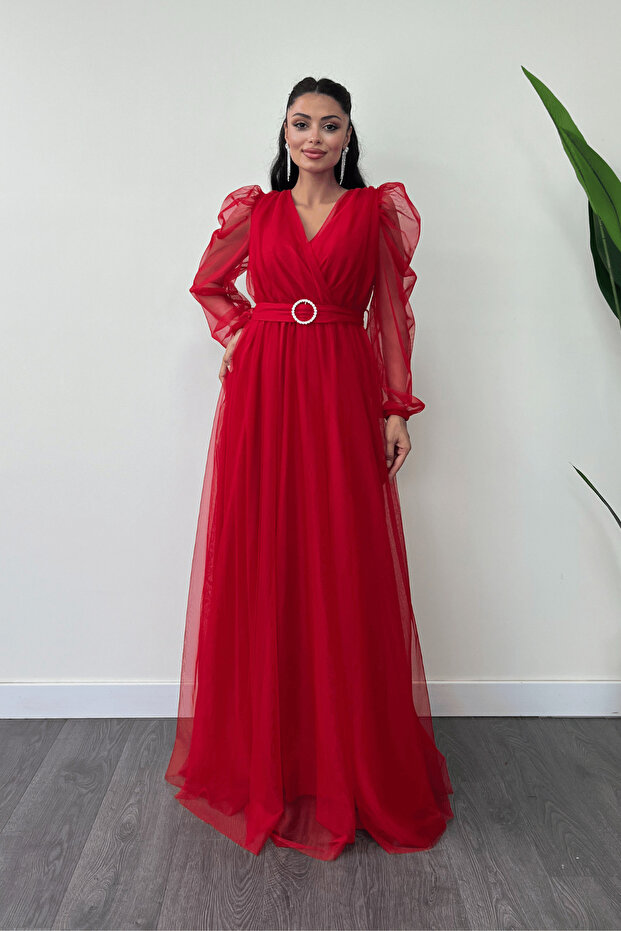 Tulle Fabric Double-Breasted Collar Maxi Dress - RED