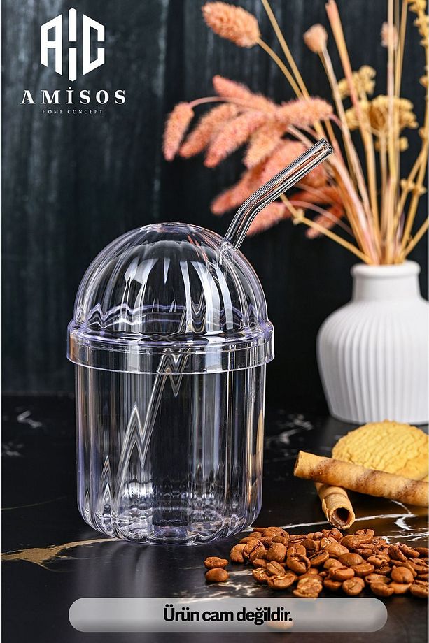 Monica 4'lü Cam Pipetli Kristal Bardak 400ml Meşrubat Bardağı 4 Adet Bardak 4 Adet Pipet - 5