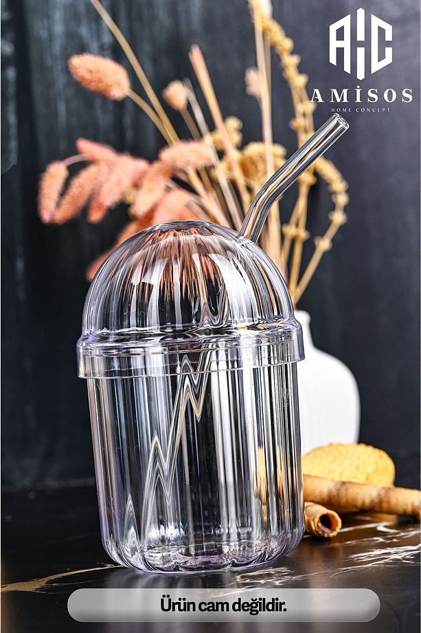 Monica 4'lü Cam Pipetli Kristal Bardak 400ml Meşrubat Bardağı 4 Adet Bardak 4 Adet Pipet - 7