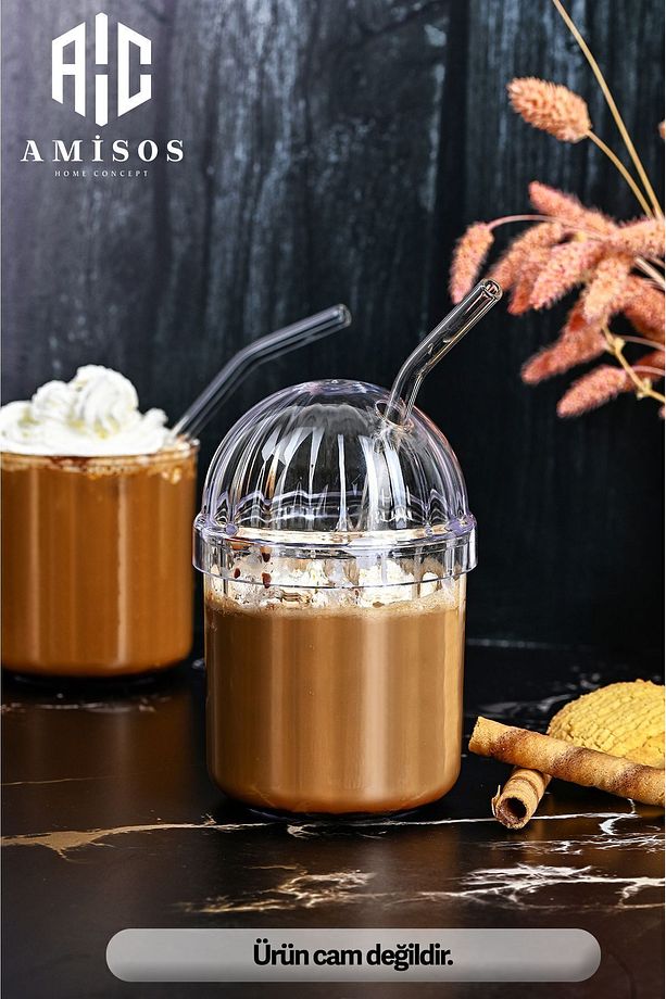Monica 4'lü Cam Pipetli Kristal Bardak 400ml Meşrubat Bardağı 4 Adet Bardak 4 Adet Pipet - 6
