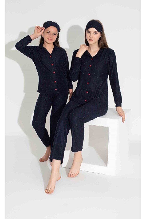 Women's Navy Blue Polka Dot Pattern Front Buttoned Mother Daughter Suede Velvet Winter Warm Pajama Set