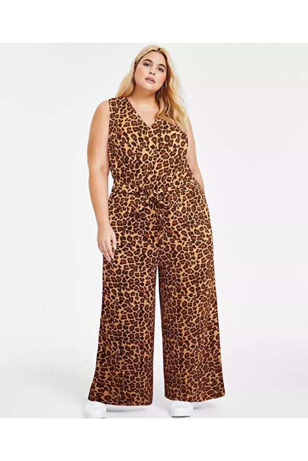 Leopard Printed Plus Size Long Jumpsuit - 1