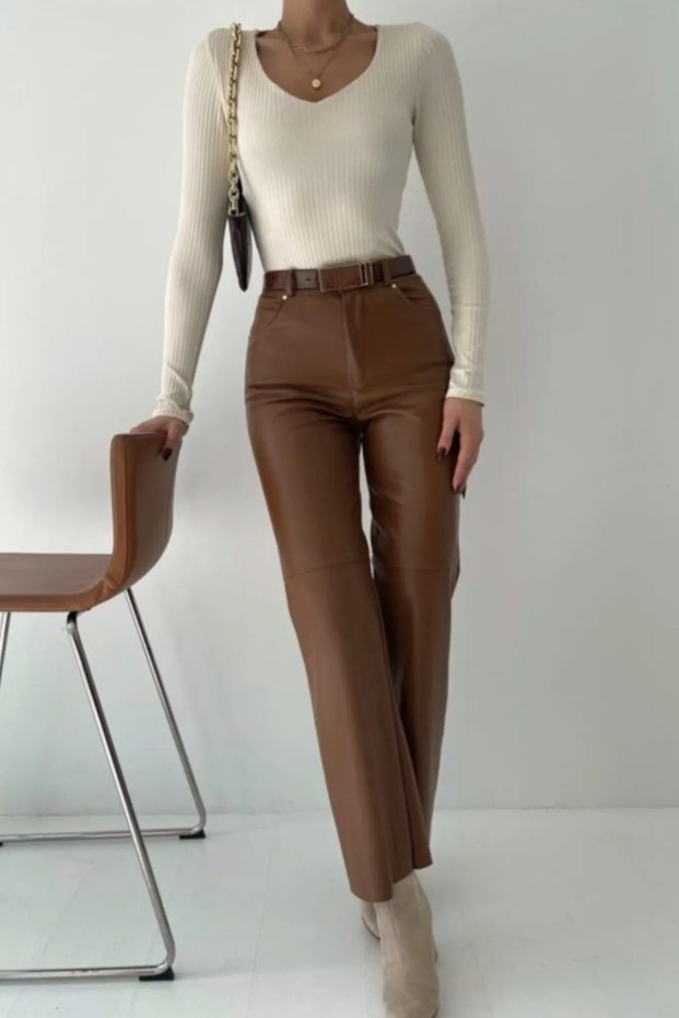Leather Straight Tan Trousers