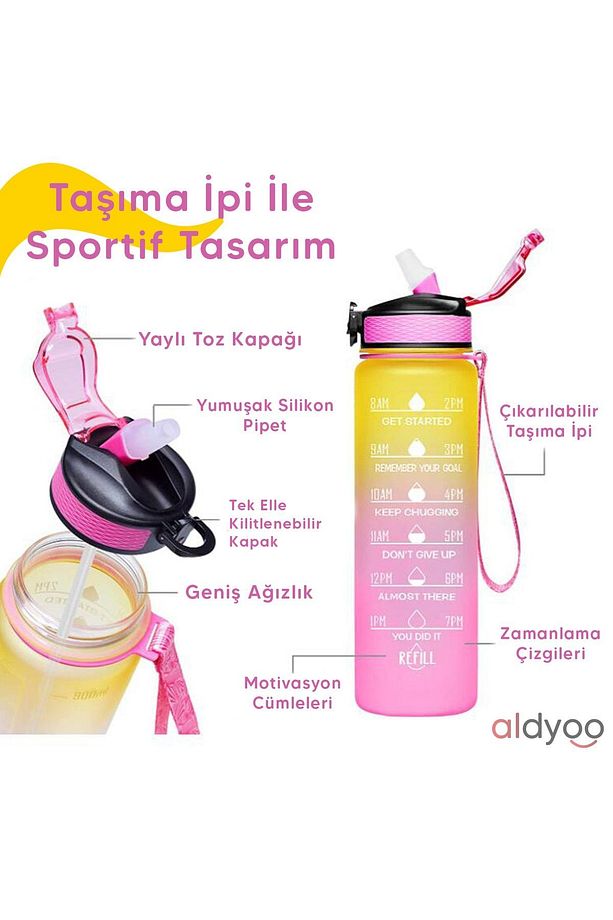 Su Matarası 1000ml Pipetli Matara 1lt Motivasyonel Suluk Tritan Bpa Koku Sızdırma Yok - 8