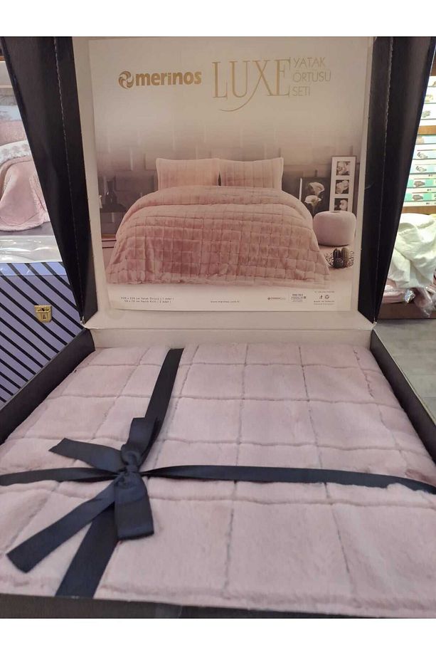 Luxe Çift Kişilik Yatak Örtüsü Seti - Pudra Kareli Model - 2