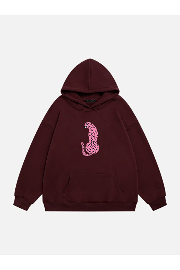 Women's Pink Leopard Printed Hooded Fleece Oversize Sweatshirt