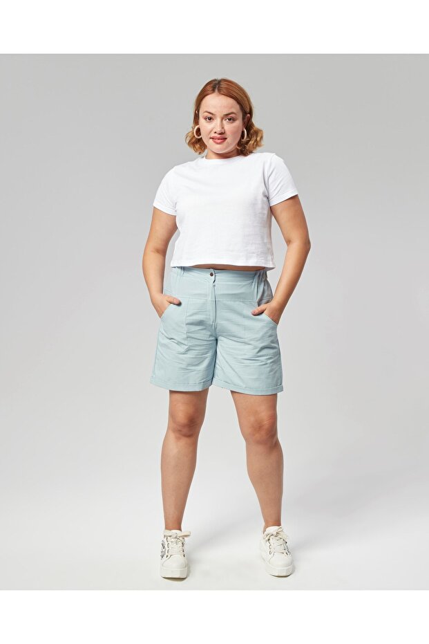 Light Blue Linen Shorts - Double Leg with Elastic Waist, Pockets and Zipper