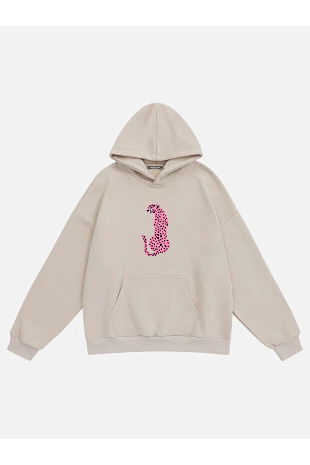 Women's Pink Leopard Printed Hooded Fleece Oversize Sweatshirt