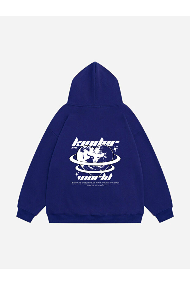 Unisex Kinder World Printed Hooded Fleece Oversize Sweatshirt
