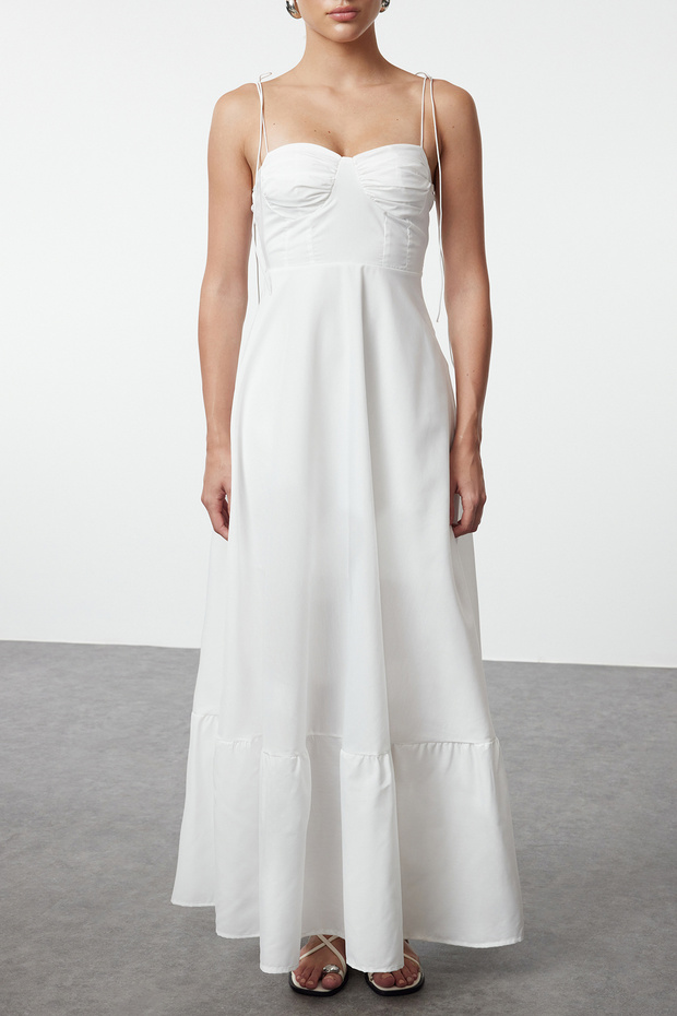 Beyaz Belden Açılan Drape Detaylı Askılı Dokuma Maxi Elbise TWOSS24EL01128 - 8