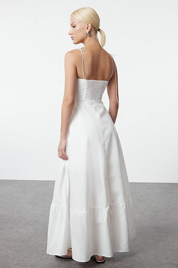 Beyaz Belden Açılan Drape Detaylı Askılı Dokuma Maxi Elbise TWOSS24EL01128 - 9