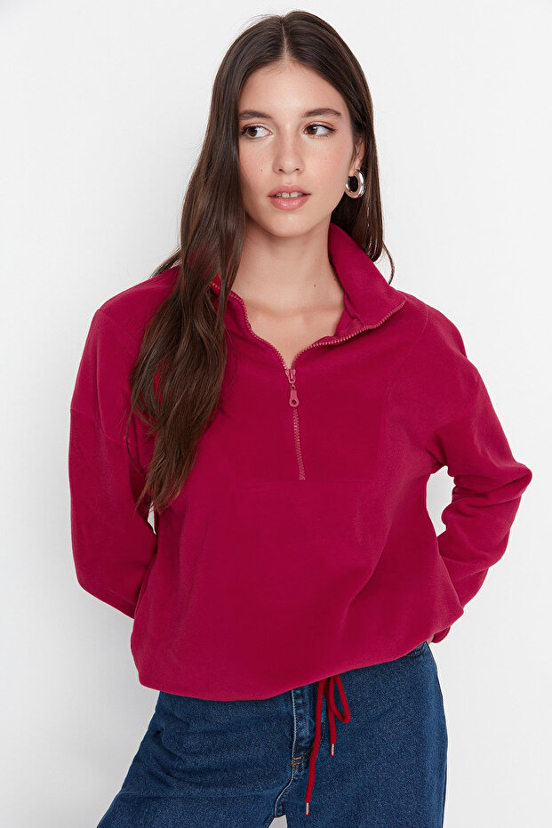 Claret Red Zipper Detailed Fleece Knitted Sweatshirt TWOAW21SW0758