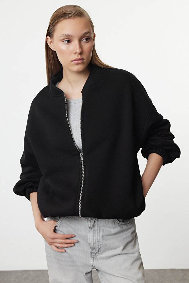 Siyah Fermuarlı Oversize/Geniş Kalıp Kalın İçi Polarlı Örme Sweatshirt TWOAW25SW00122 - 2