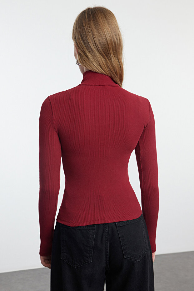 Bordo Fitted/vücuda Oturan Fermuarlı Yaka Esnek Örme Bluz TWOAW25BZ00163 - 5