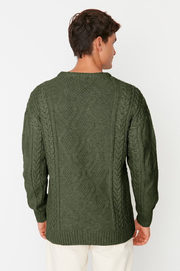 Haki Oversize Bisiklet Yaka Saç Örgü Kazak TMNAW23KZ00280 - 4