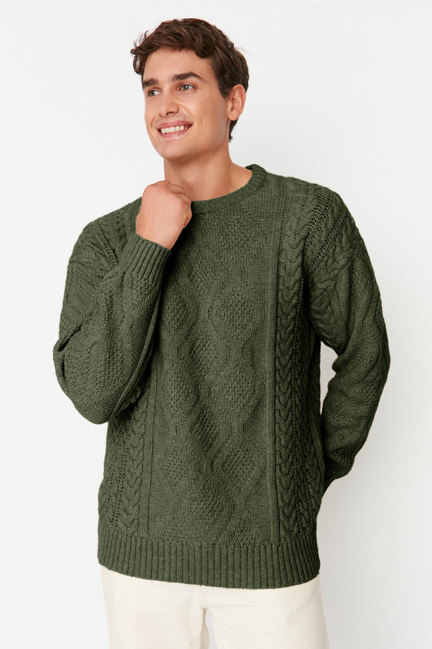 Haki Oversize Bisiklet Yaka Saç Örgü Kazak TMNAW23KZ00280 - 6