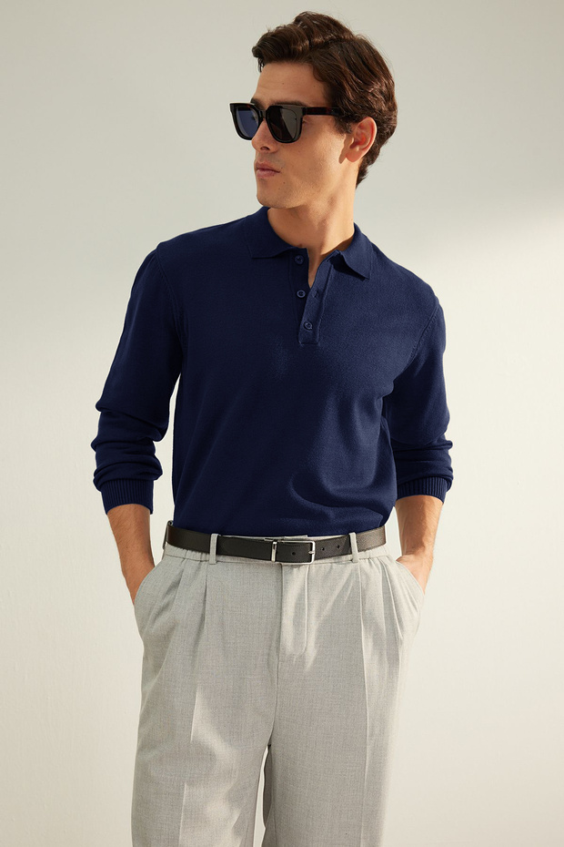Lacivert Erkek Regular Polo Yaka Düz Triko Kazak TMNAW24KZ00067 - 1