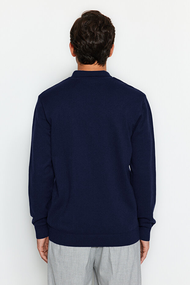 Lacivert Erkek Regular Polo Yaka Düz Triko Kazak TMNAW24KZ00067 - 4
