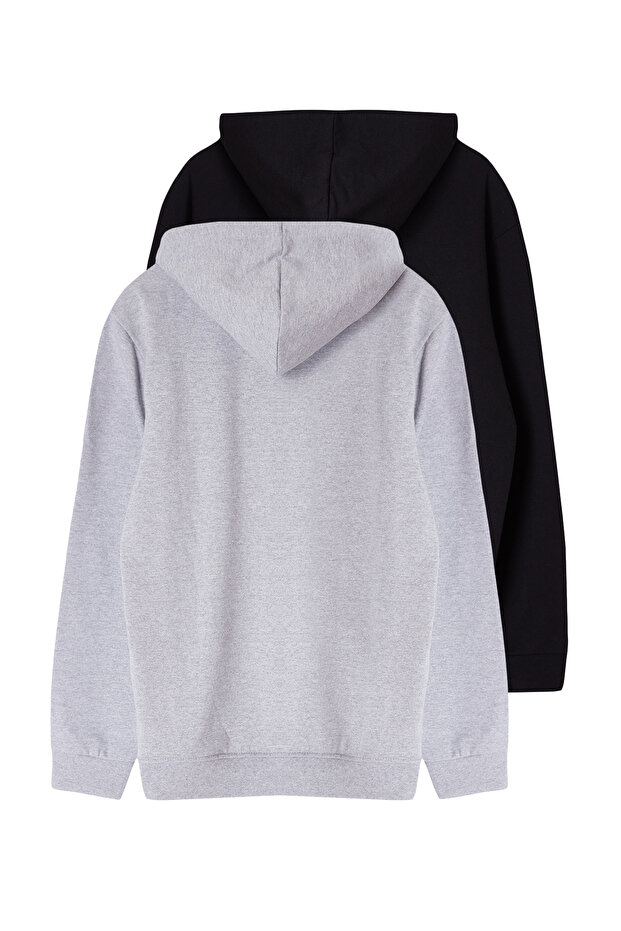 Siyah-Gri Melanj 2'li Paket Kapüşonlu Regular Kesim İçi Polarlı Sweatshirt TMNAW24SW00000 - 4