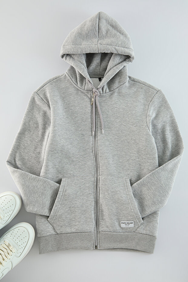 Gri Melanj Regular Fit Kapüşonlu Fermuarlı Etiket Aplikeli Kalın Sweatshirt TMNAW23SW00172 - 7
