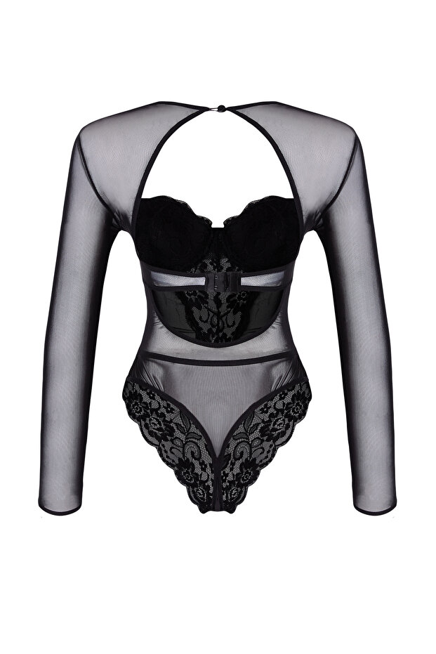 Siyah Dantelli Cut Out/Pencere Detaylı Kaplı Örme Body THMAW25BD00003 - 6