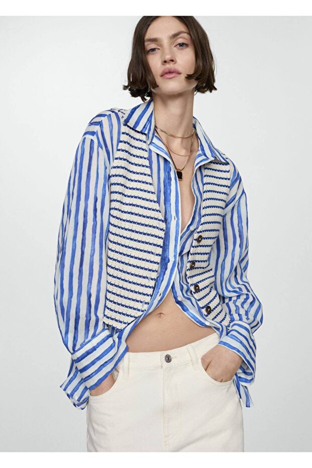 Çizgili dantel bluz - 7