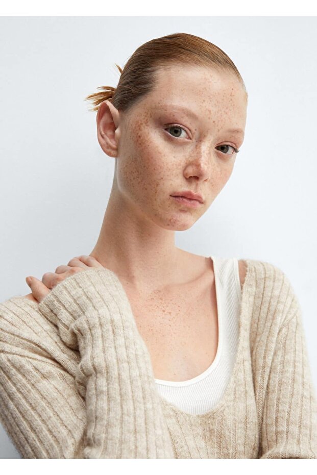 V yaka lastik örgü kazak - 5