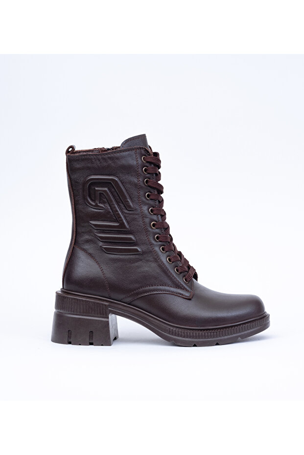 Women's Genuine Leather Winter Heeled Lace-Up Zipper Boots