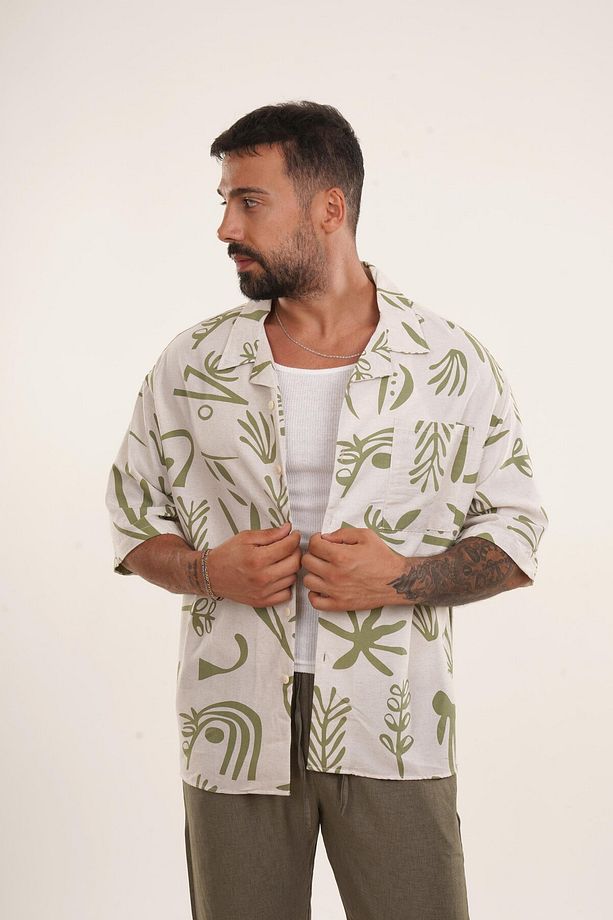 Haki Sembol Desen Tek Cepli oversize Keten Gömlek EST E70184 - 1