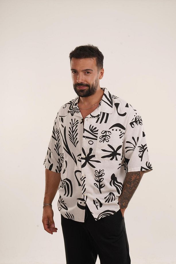 Siyah Sembol Desen Tek Cepli Oversize Keten Gömlek EST E70184 - 3