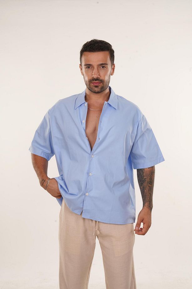 Mavi Kısa Kollu Oversize Gömlek VMS 40367 - 3