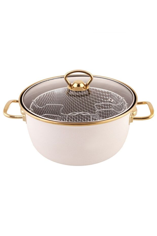 Retro Emaye 22 Cm Kızartma Tenceresi Krem - 4