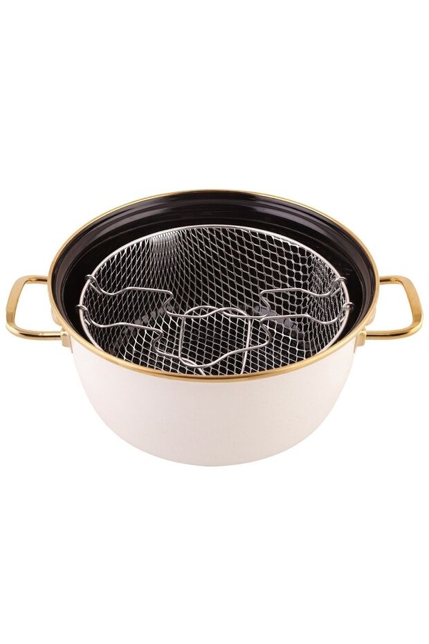 Retro Emaye 22 Cm Kızartma Tenceresi Krem - 6