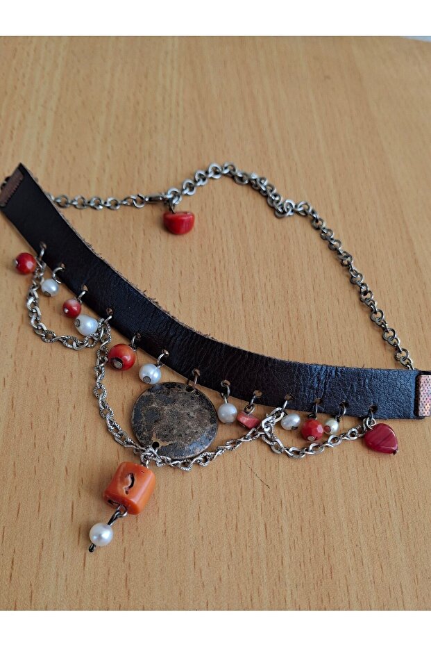 El yapımı ,tasma,Deri,Mercan,doğal İnci,sadece 1 adet tasarım kolye - 1