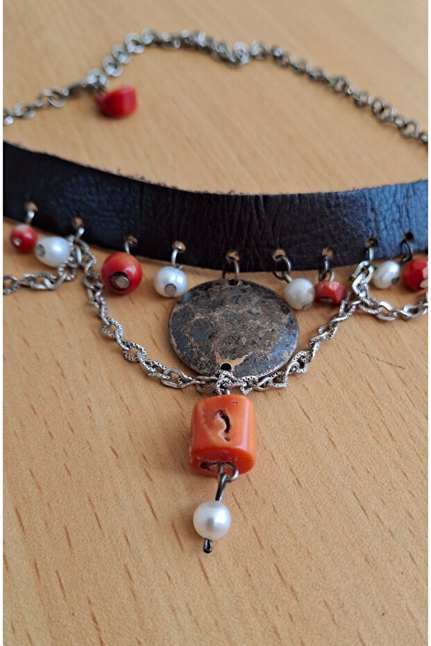 El yapımı ,tasma,Deri,Mercan,doğal İnci,sadece 1 adet tasarım kolye - 2