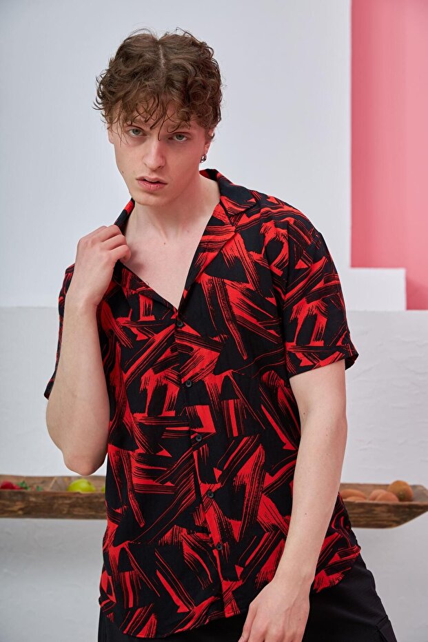 R-3661 Brush Patterned Apache Collar Short Sleeve Shirt