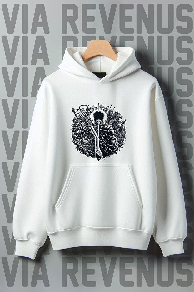 Berserk Printed Kangaroo Pocket 3 Thread Raised Wide Fit White Hooded Sweatshirt