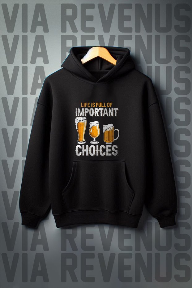 Printed Kangaroo Pocket 3 Thread Threaded Wide Fit Black Hooded Sweatshirt